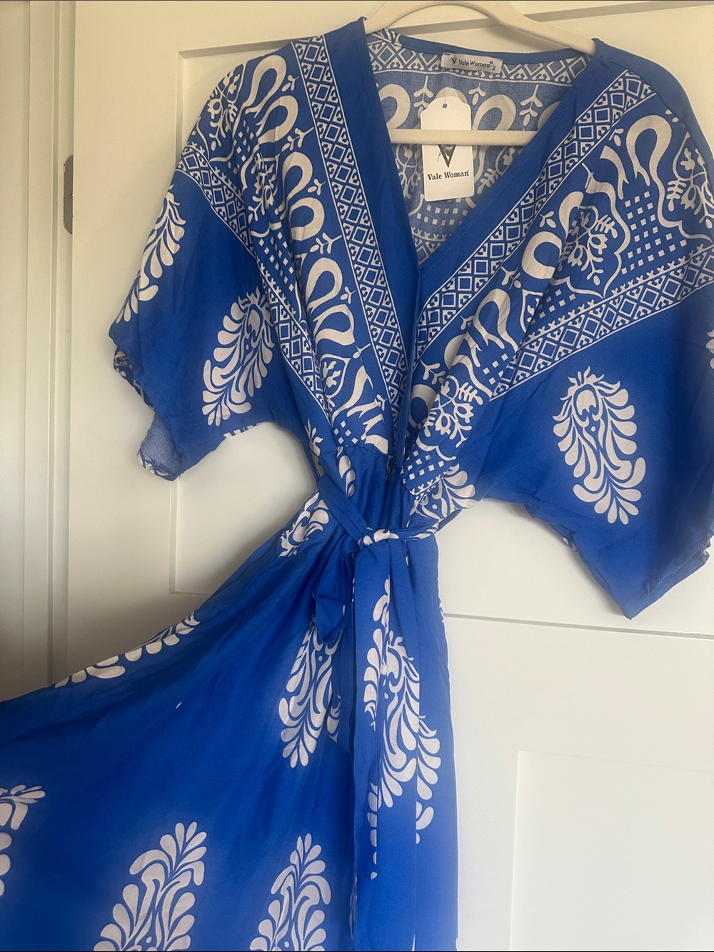 Vale Woman made in Turkey Blue & White Printed Tie-Waist Dress